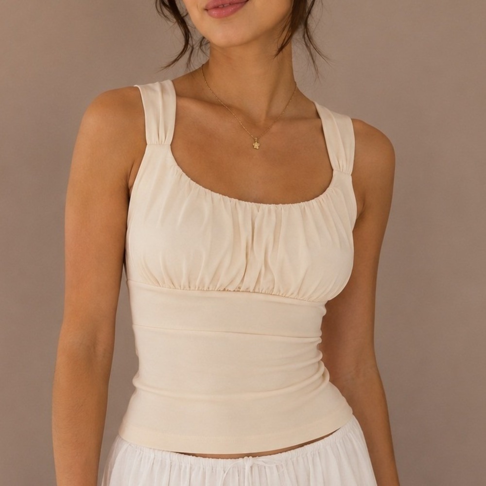 Ann Taylor Cream Ruched Scoop Neck Empire Waist Tank Top XS Coquette Milkmaid